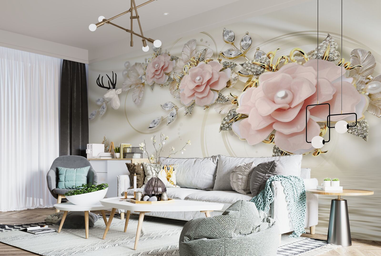 Fototapeta nad wodą wisi gałązka z różowymi kwiatami, ozdobiona perłami