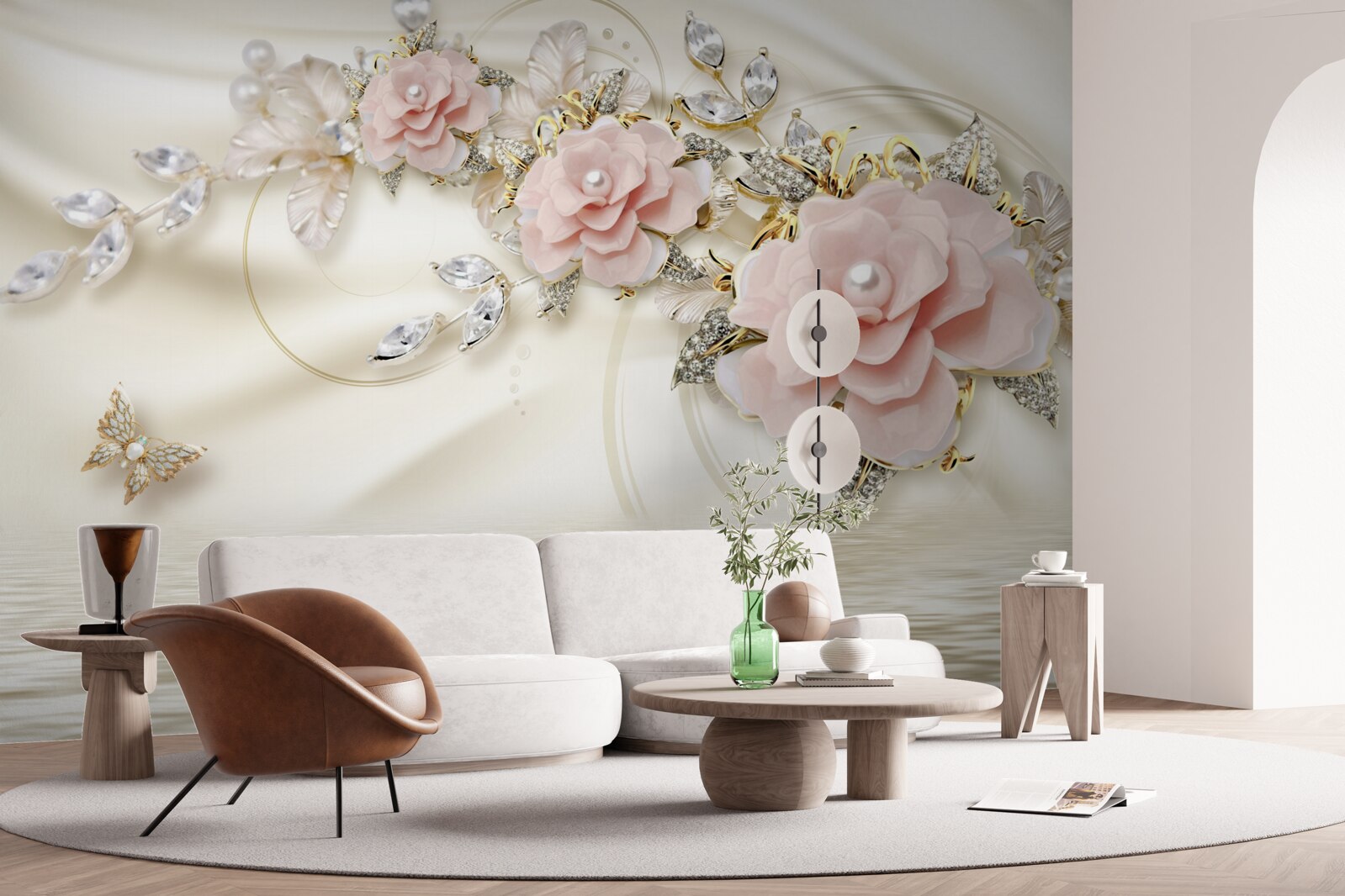 Fototapeta nad wodą wisi gałązka z różowymi kwiatami, ozdobiona perłami