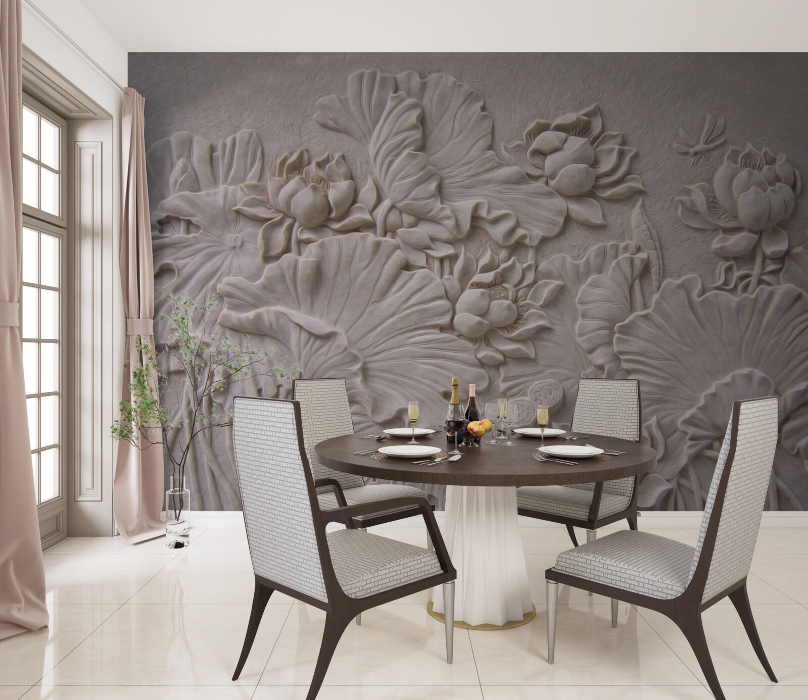 Fototapeta płaskorzeźba z gliny ozdobiona wizerunkami kwiatów i roślin