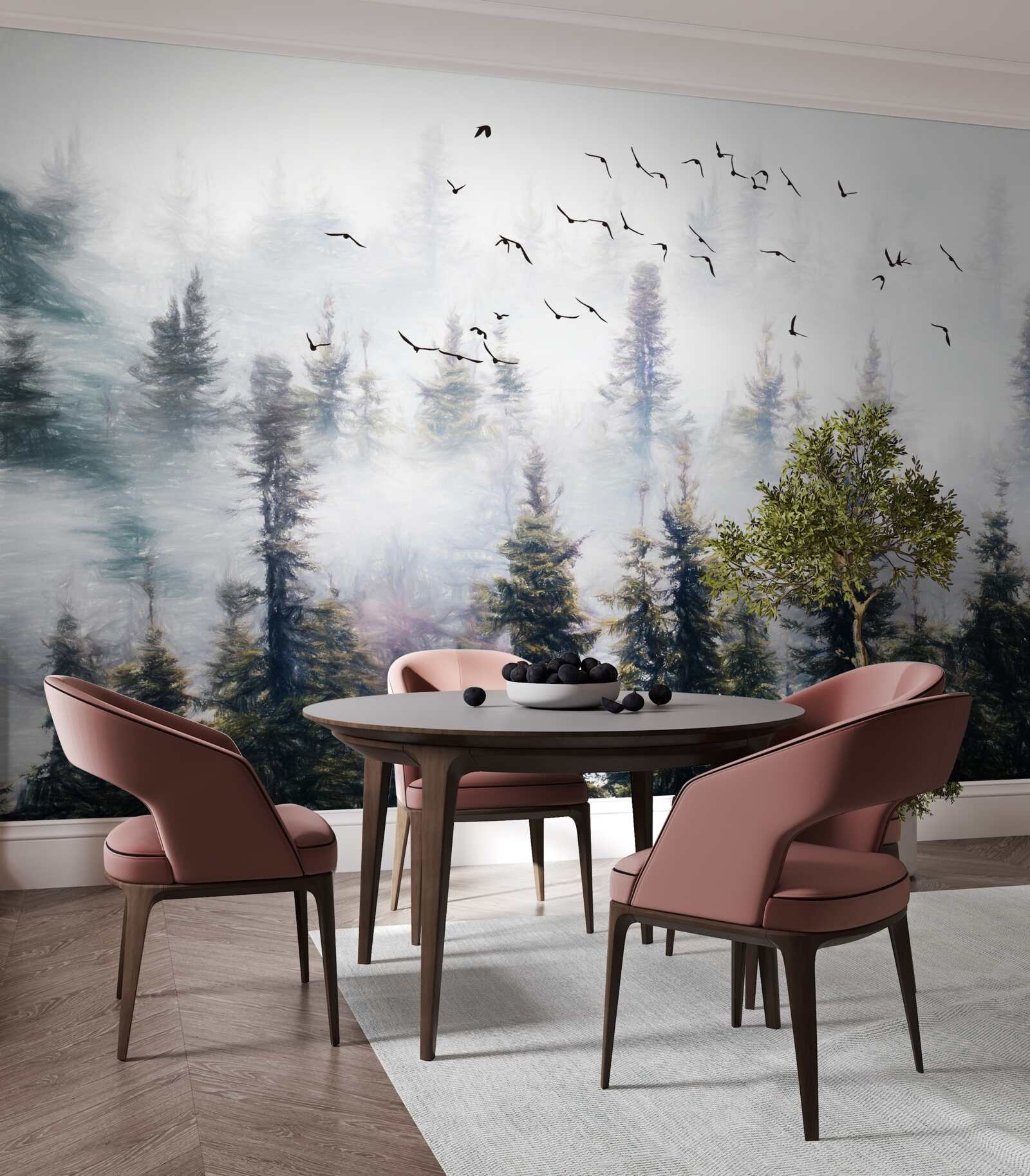 Fototapeta pierzaści mieszkańcy szybują nad tajemniczym sosnowym lasem otoczonym mgłą