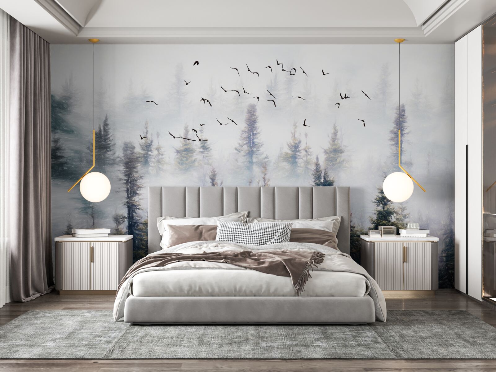 Fototapeta pierzaści mieszkańcy szybują nad tajemniczym sosnowym lasem otoczonym mgłą