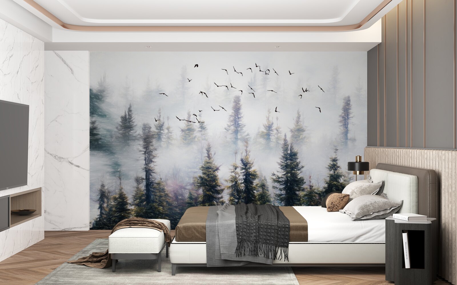 Fototapeta pierzaści mieszkańcy szybują nad tajemniczym sosnowym lasem otoczonym mgłą