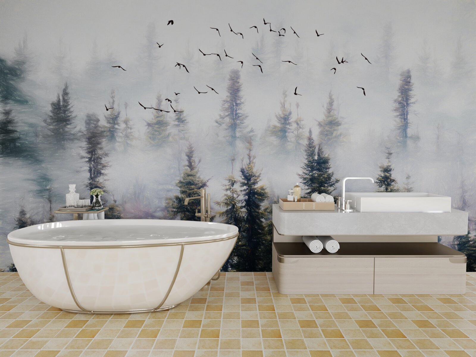 Fototapeta pierzaści mieszkańcy szybują nad tajemniczym sosnowym lasem otoczonym mgłą