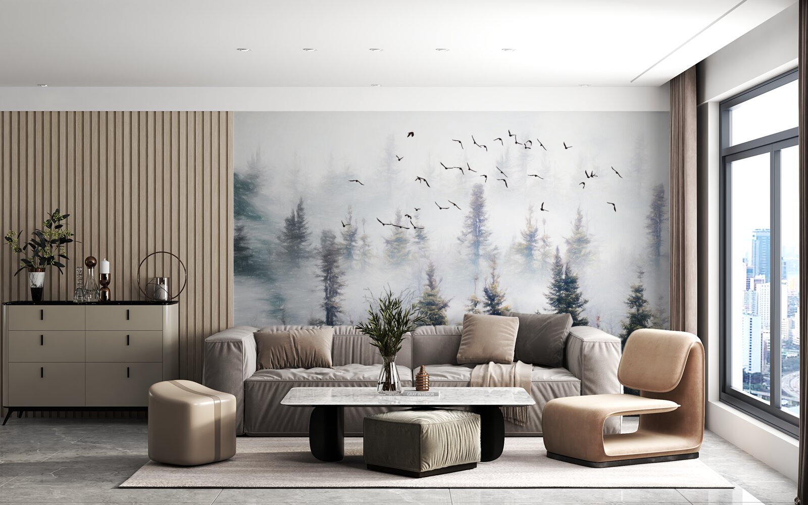 Fototapeta pierzaści mieszkańcy szybują nad tajemniczym sosnowym lasem otoczonym mgłą