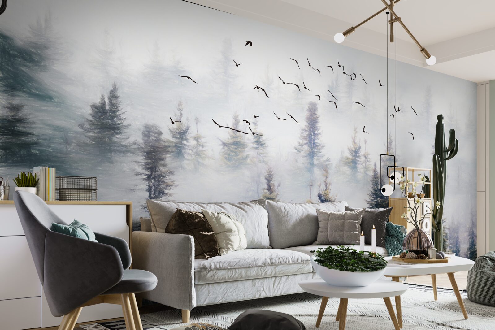 Fototapeta pierzaści mieszkańcy szybują nad tajemniczym sosnowym lasem otoczonym mgłą