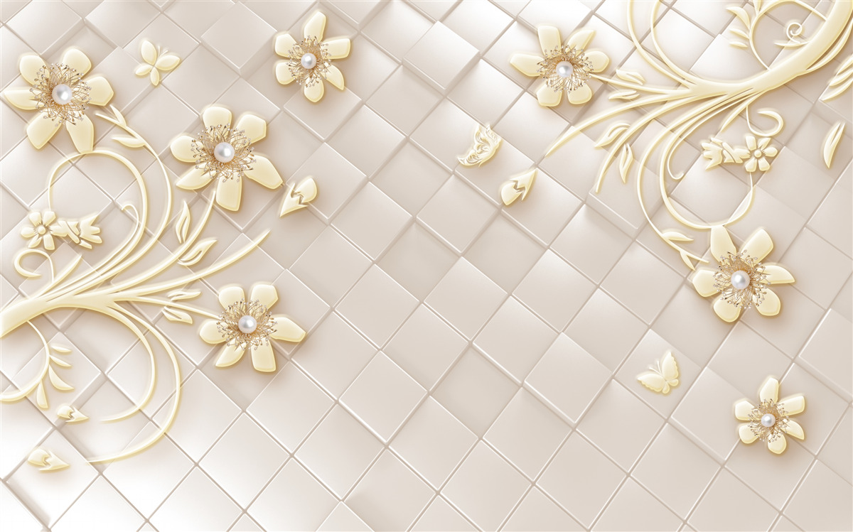 Fototapeta kwiaty i złote gałęzie na tle geometrycznych rombów