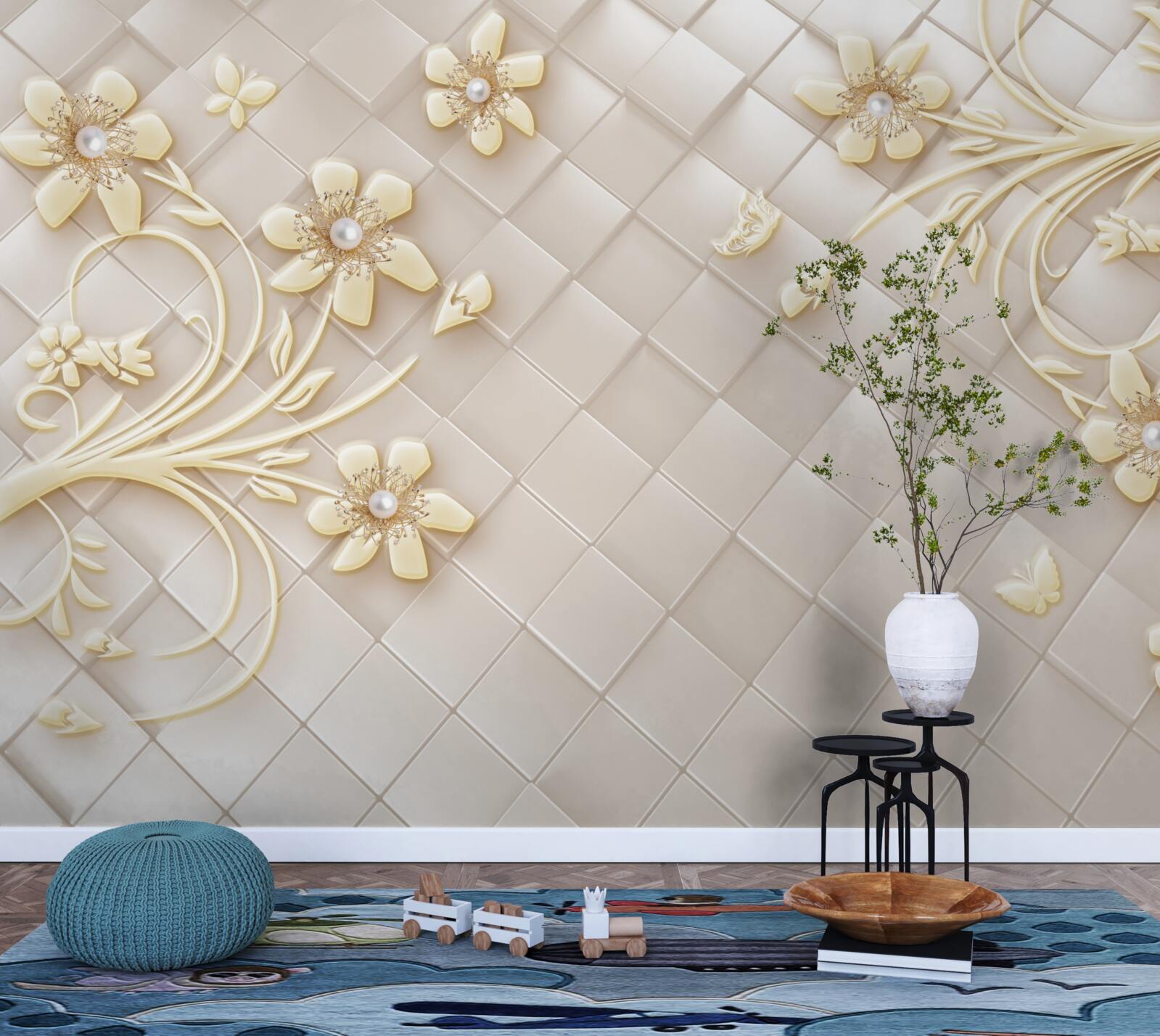 Fototapeta kwiaty i złote gałęzie na tle geometrycznych rombów