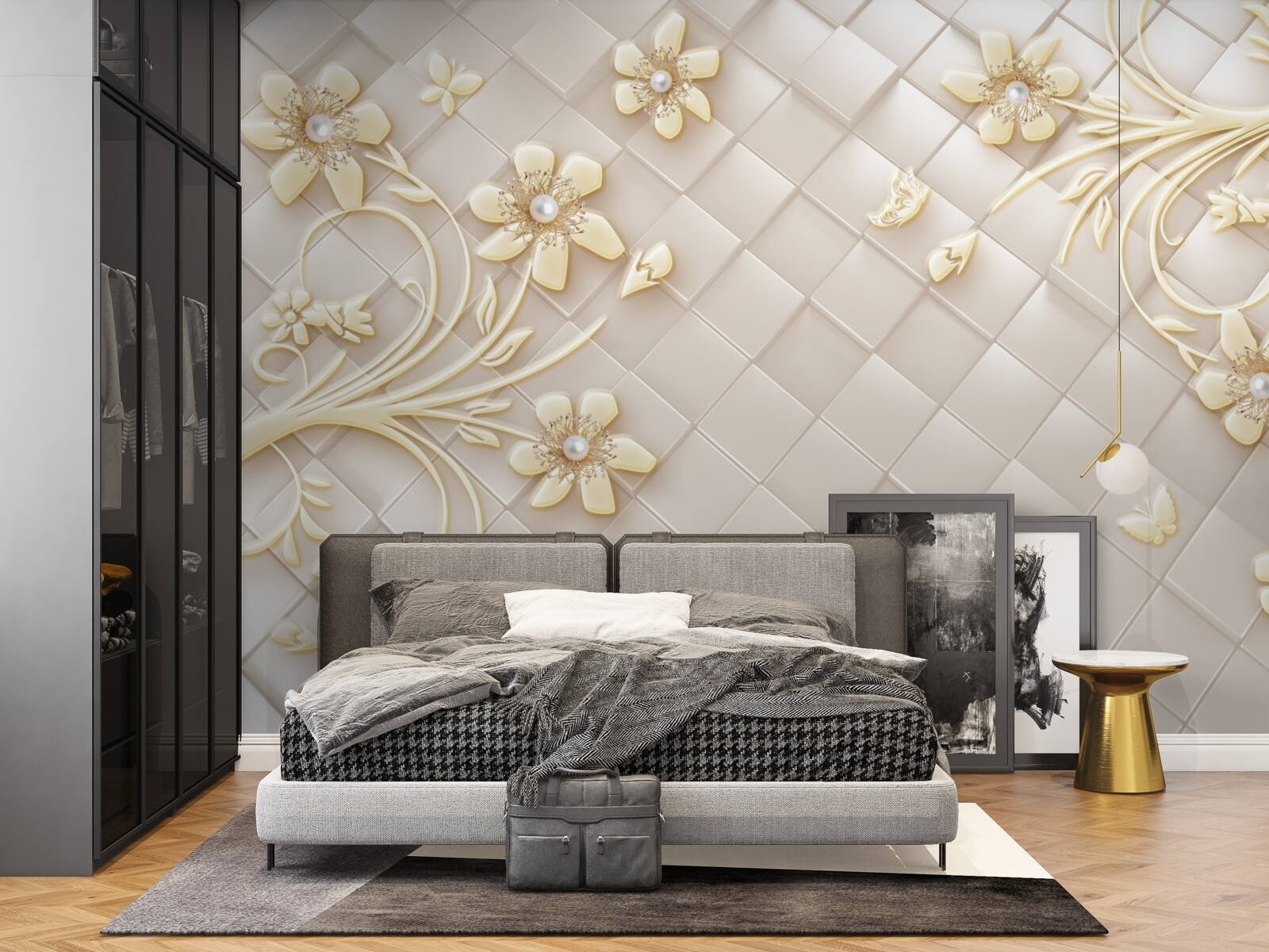 Fototapeta kwiaty i złote gałęzie na tle geometrycznych rombów