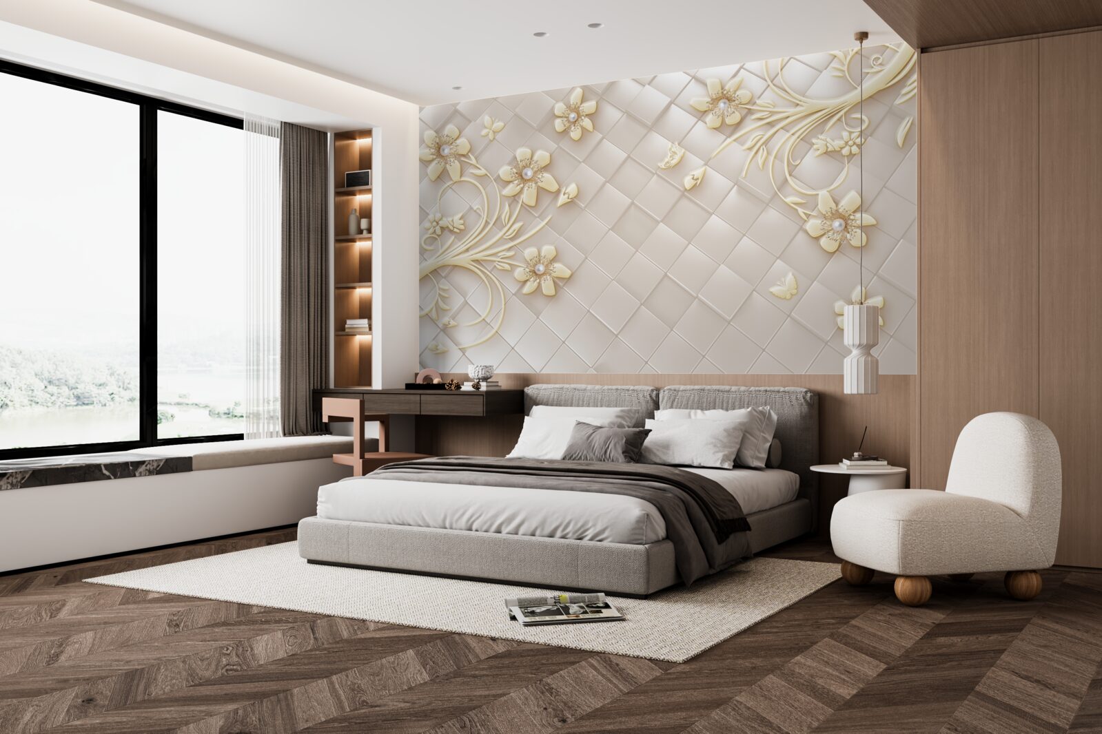 Fototapeta kwiaty i złote gałęzie na tle geometrycznych rombów