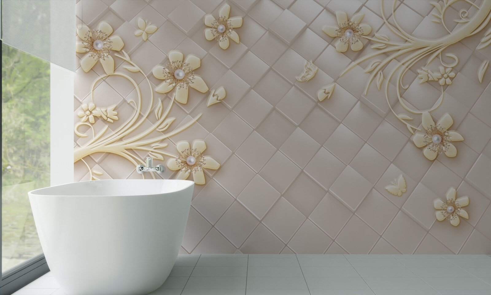 Fototapeta kwiaty i złote gałęzie na tle geometrycznych rombów