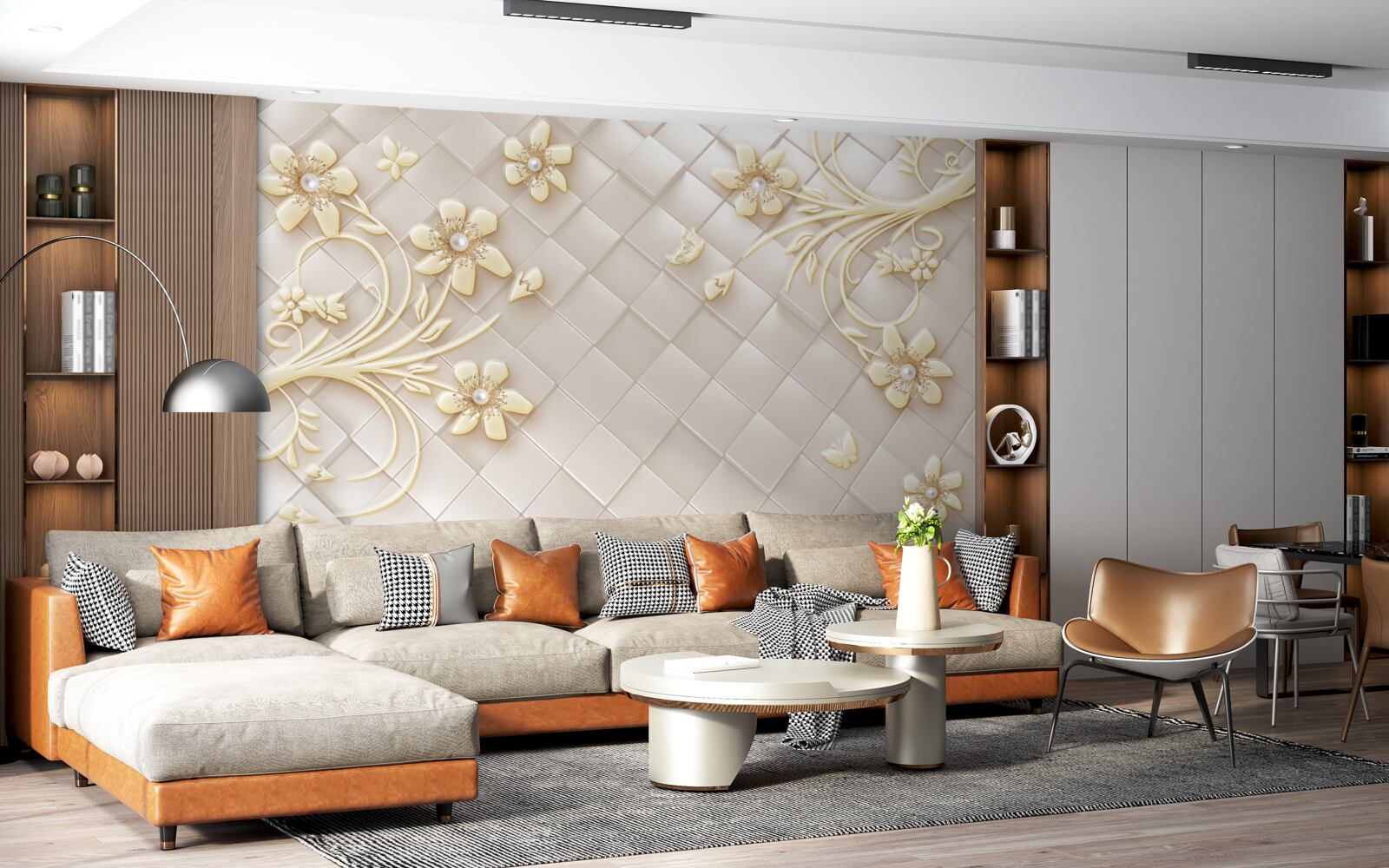 Fototapeta kwiaty i złote gałęzie na tle geometrycznych rombów