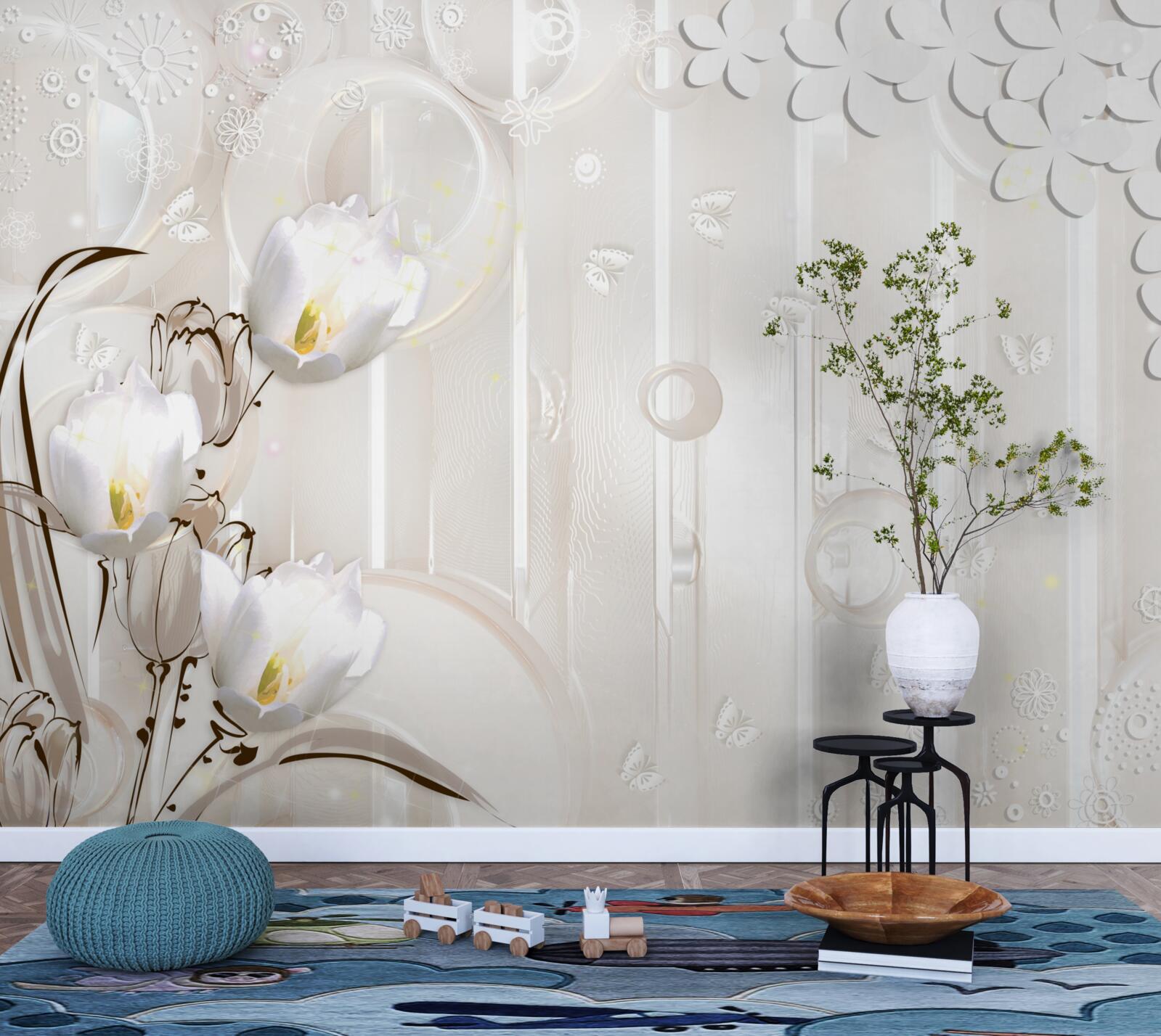 Fototapeta wspaniałe śnieżnobiałe tulipany i kropelki wilgoci