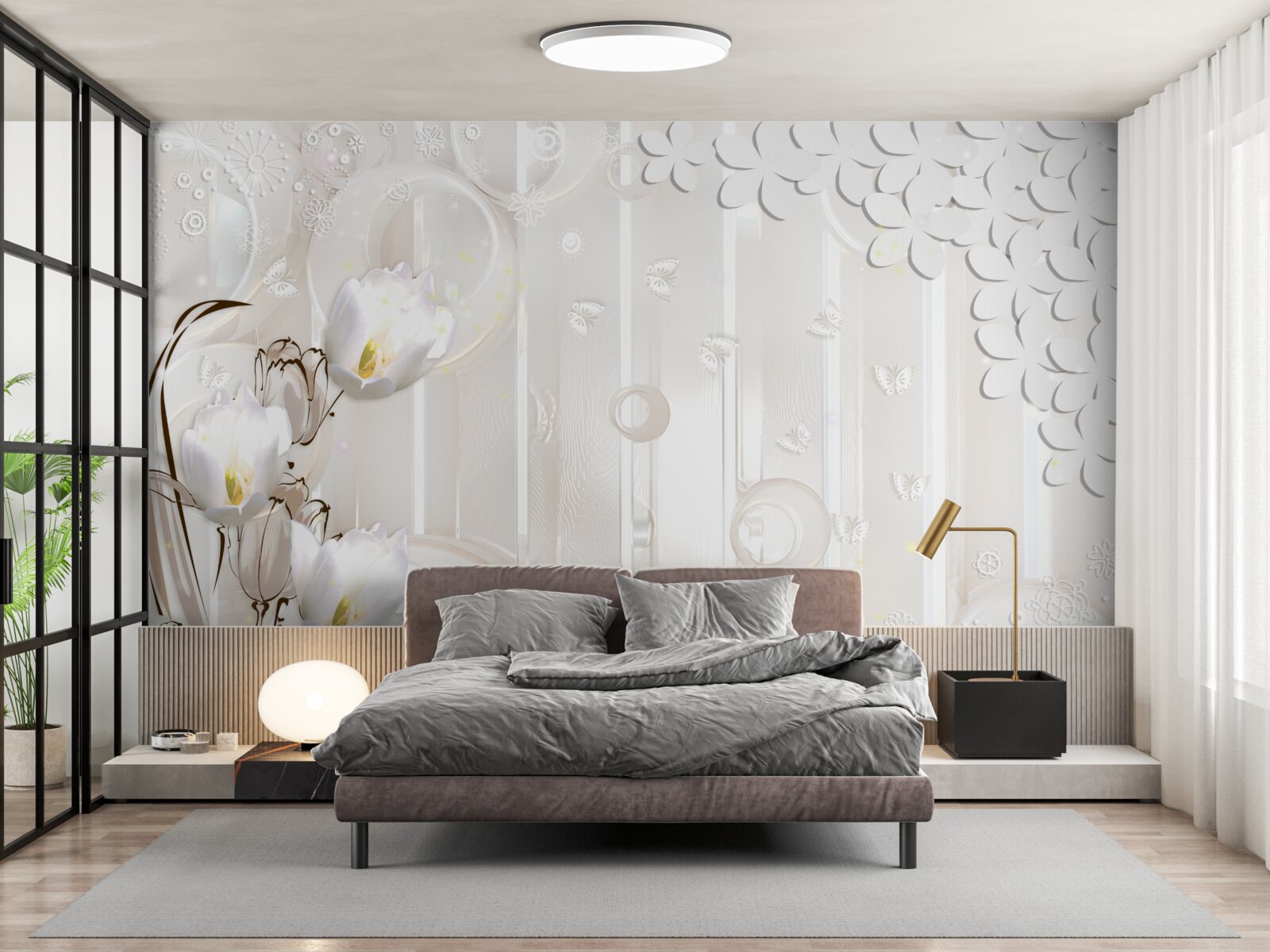 Fototapeta wspaniałe śnieżnobiałe tulipany i kropelki wilgoci