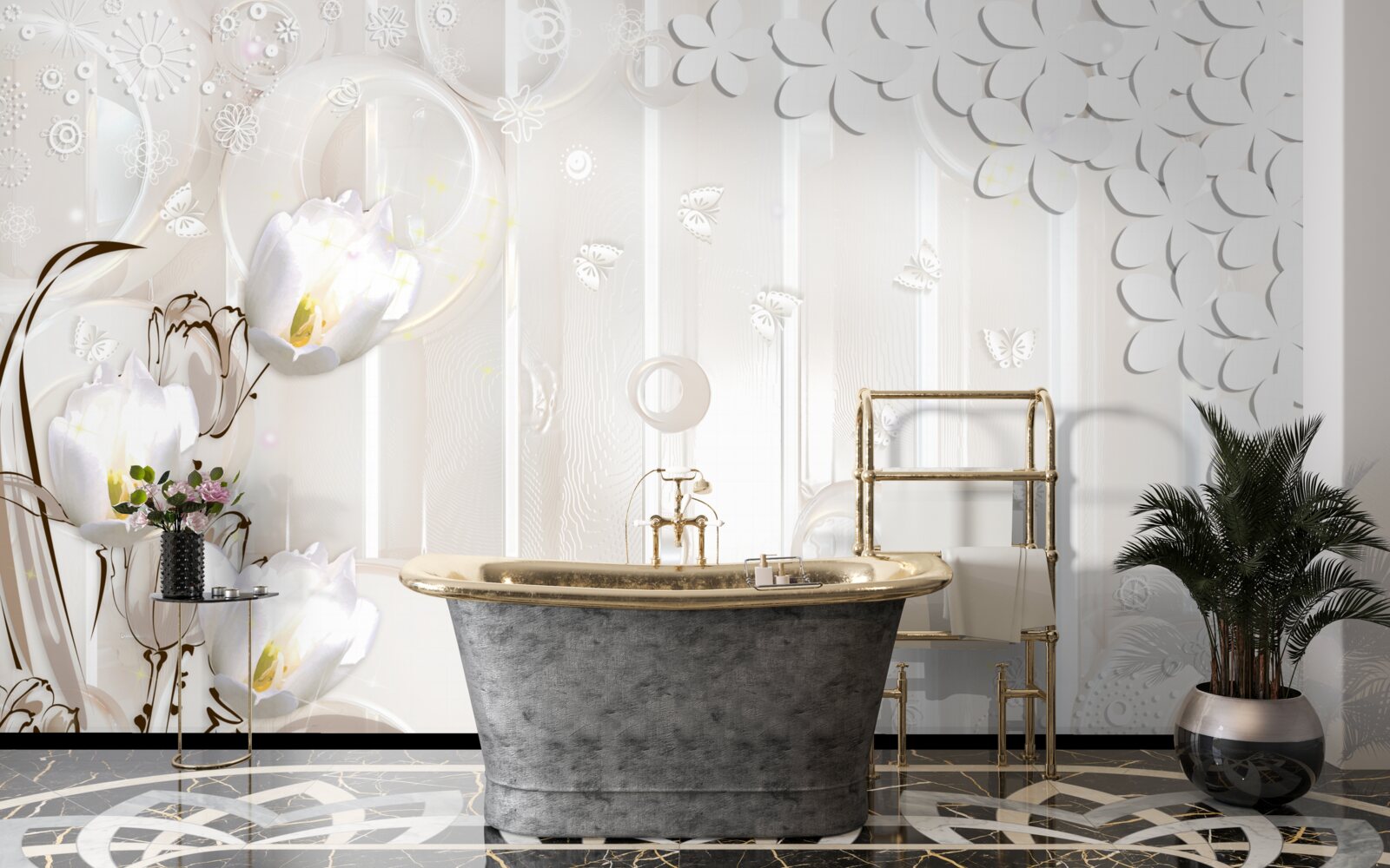 Fototapeta wspaniałe śnieżnobiałe tulipany i kropelki wilgoci