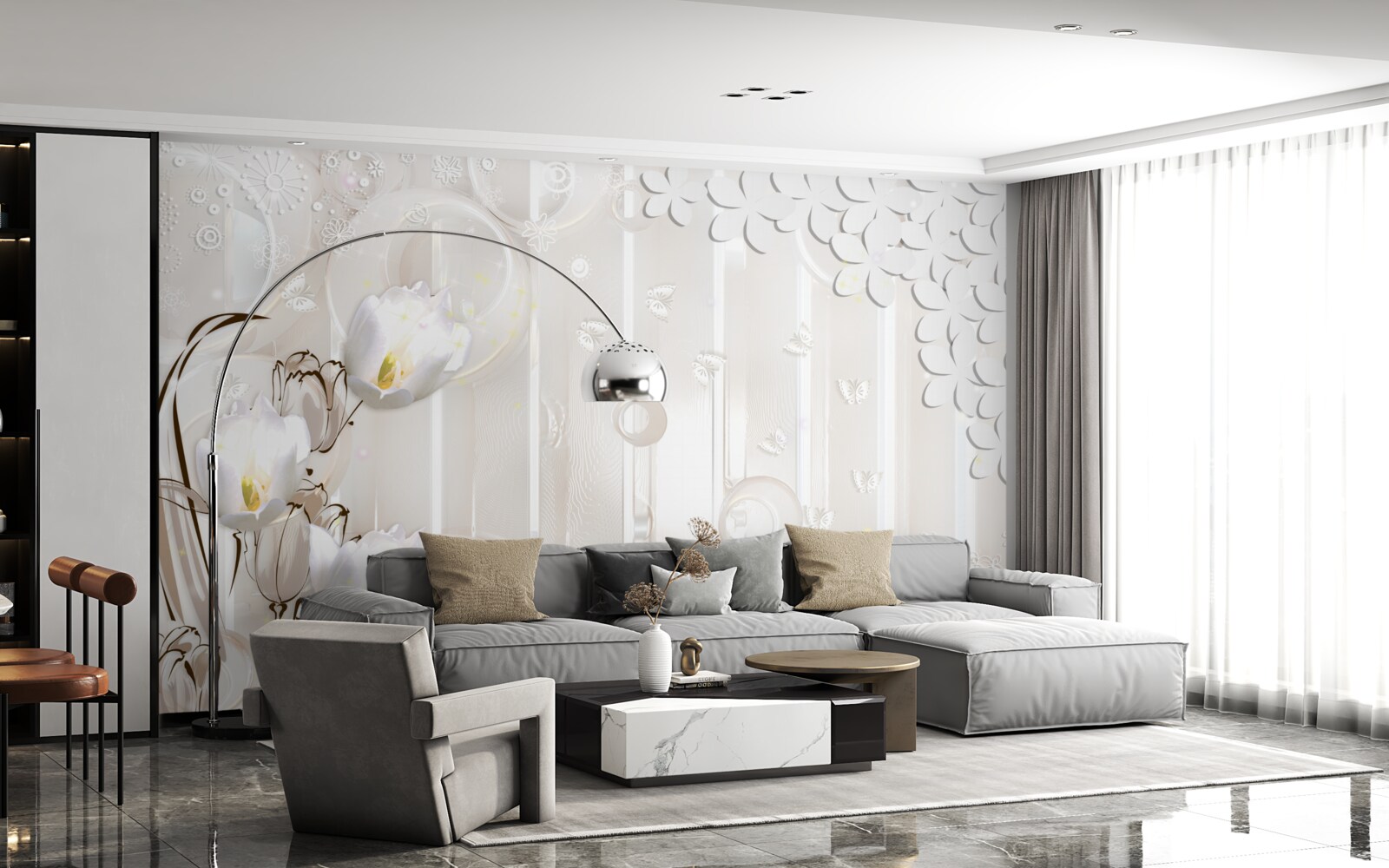 Fototapeta wspaniałe śnieżnobiałe tulipany i kropelki wilgoci