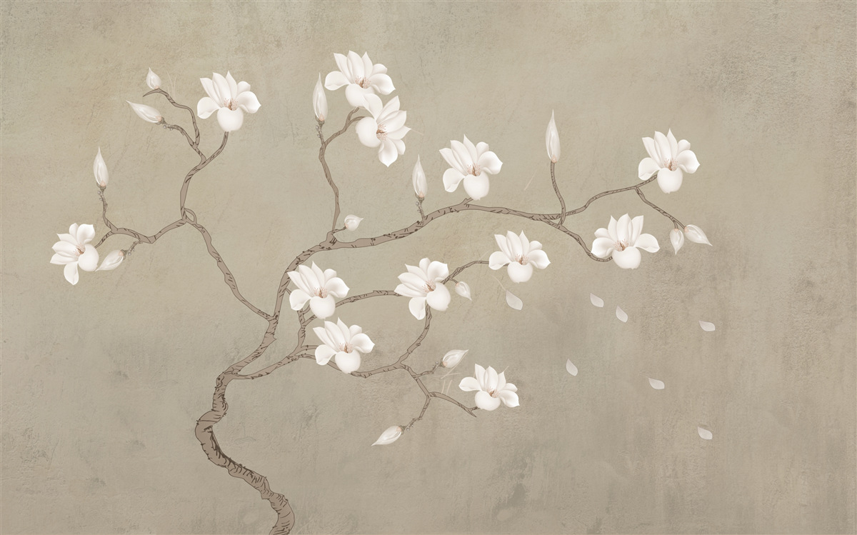 Fototapeta we mgle pojedyncze drzewo z białymi kwiatami