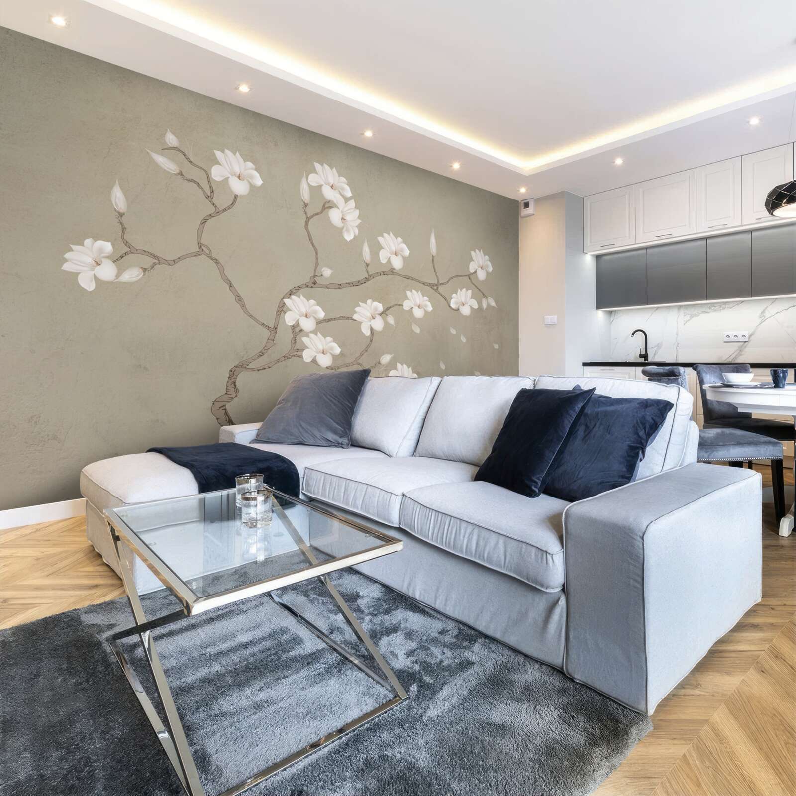 Fototapeta we mgle pojedyncze drzewo z białymi kwiatami