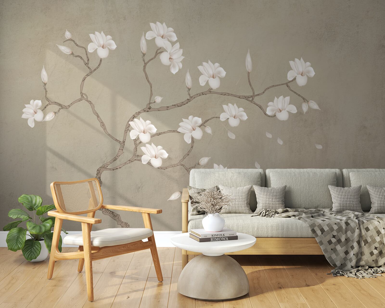 Fototapeta we mgle pojedyncze drzewo z białymi kwiatami