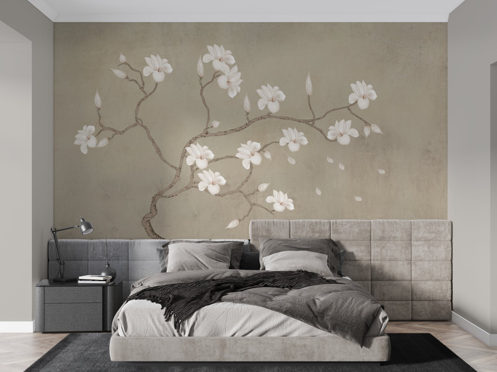 Fototapeta we mgle pojedyncze drzewo z białymi kwiatami