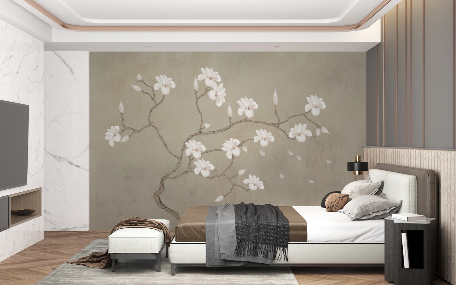 Fototapeta we mgle pojedyncze drzewo z białymi kwiatami