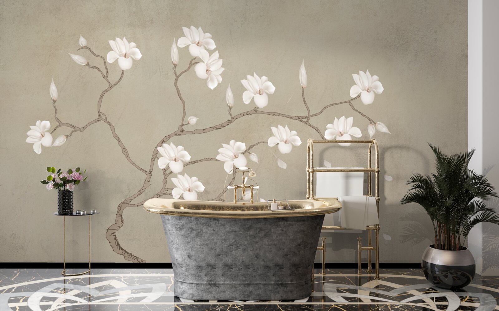 Fototapeta we mgle pojedyncze drzewo z białymi kwiatami