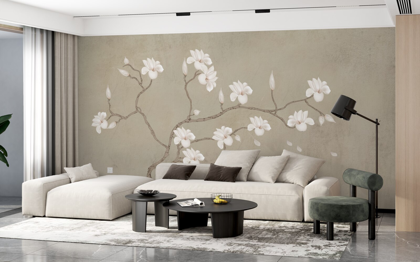 Fototapeta we mgle pojedyncze drzewo z białymi kwiatami