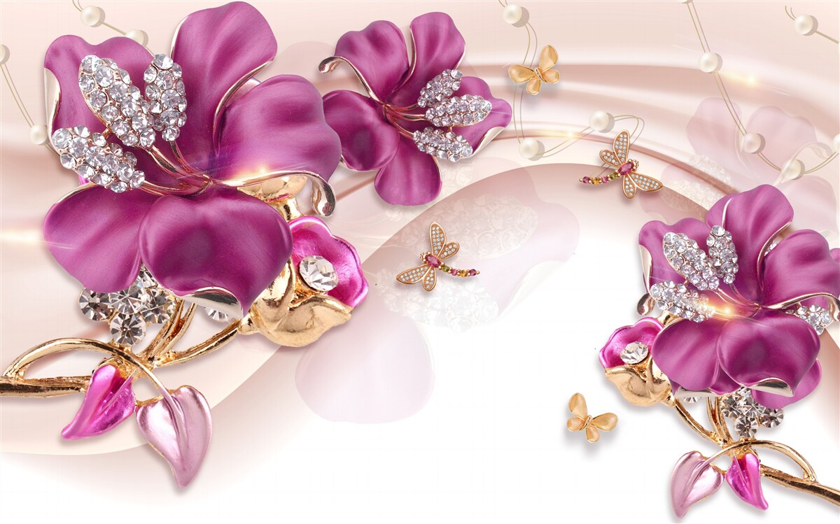 Fototapeta fioletowe płatki kwiatów otoczone perłami i złotem