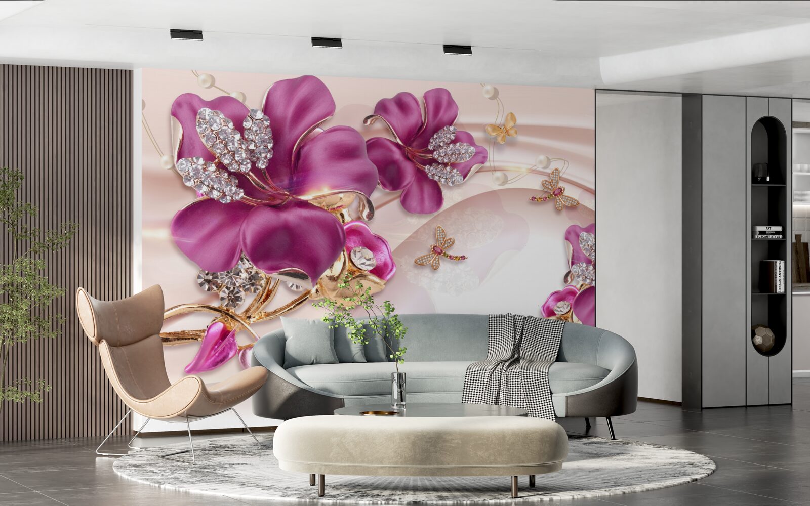 Fototapeta fioletowe płatki kwiatów otoczone perłami i złotem