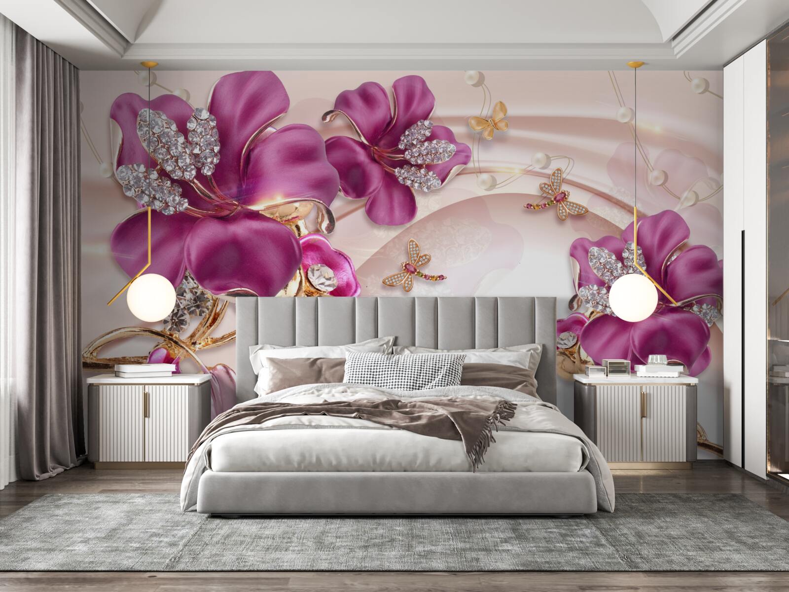 Fototapeta fioletowe płatki kwiatów otoczone perłami i złotem
