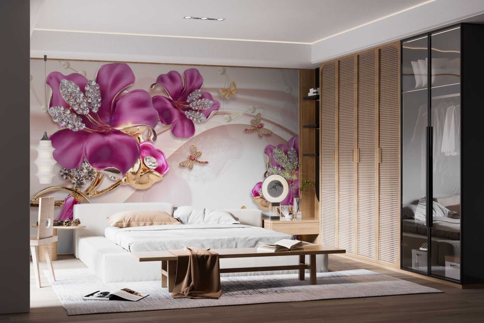 Fototapeta fioletowe płatki kwiatów otoczone perłami i złotem