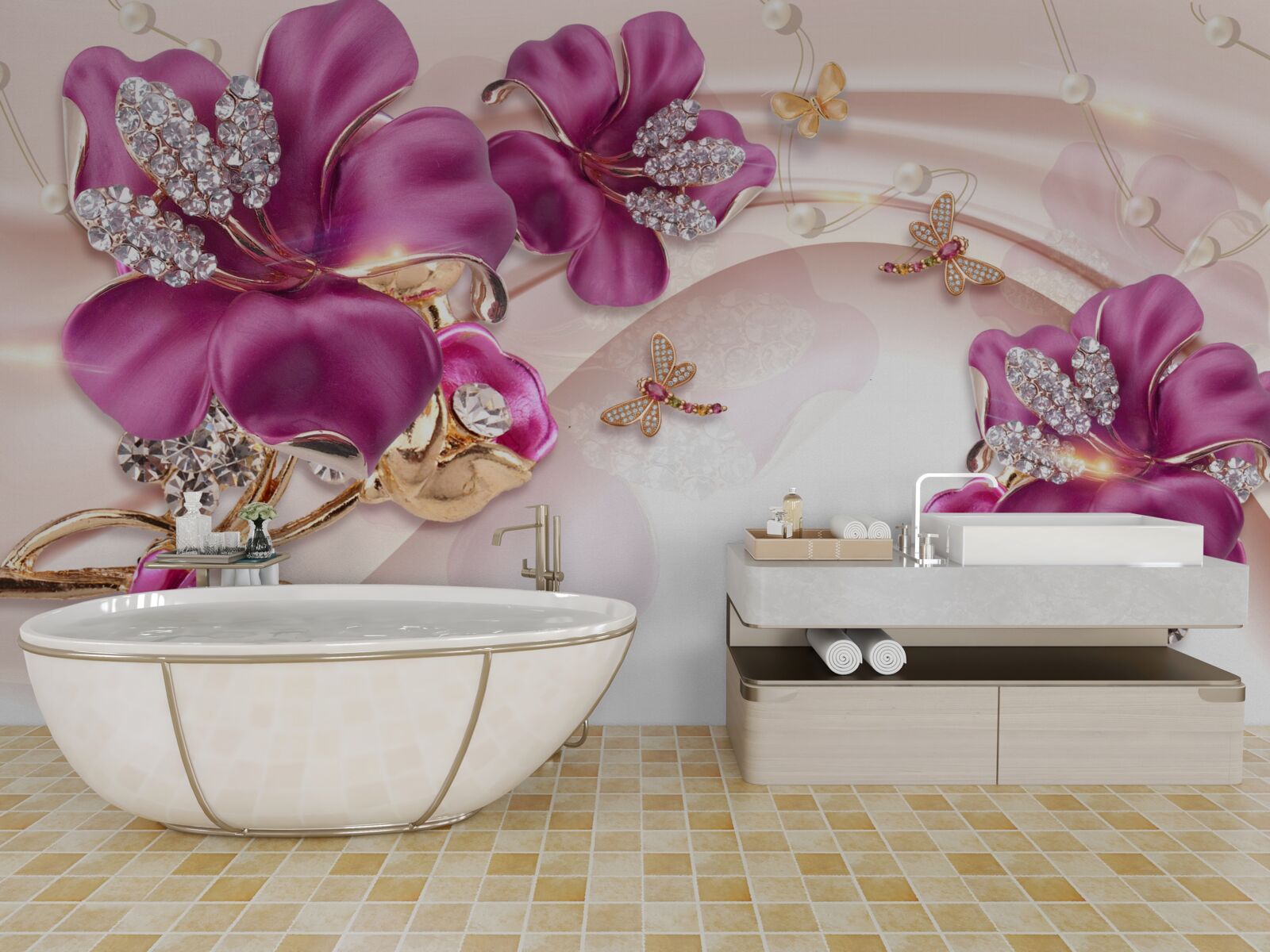 Fototapeta fioletowe płatki kwiatów otoczone perłami i złotem