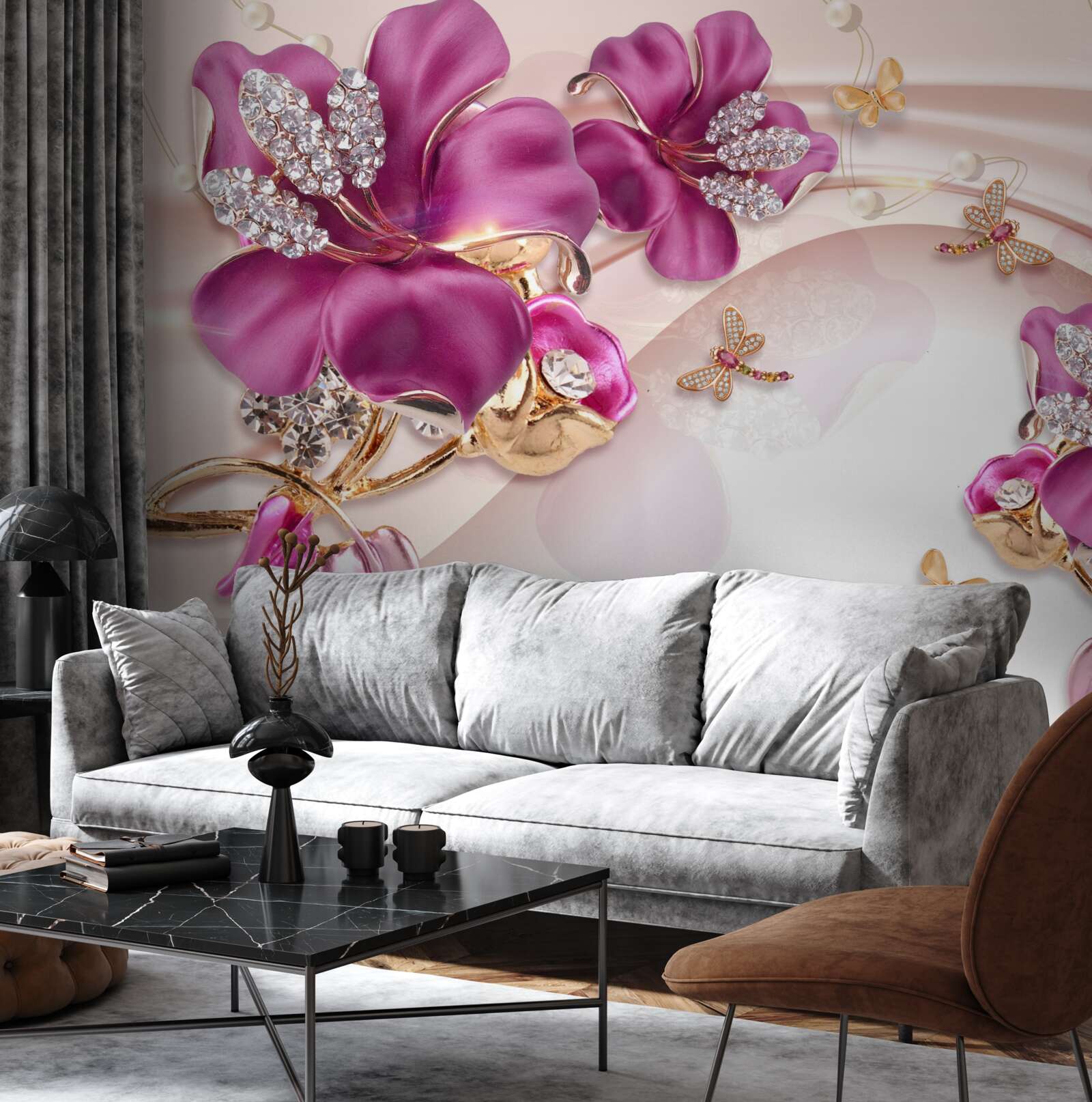 Fototapeta fioletowe płatki kwiatów otoczone perłami i złotem