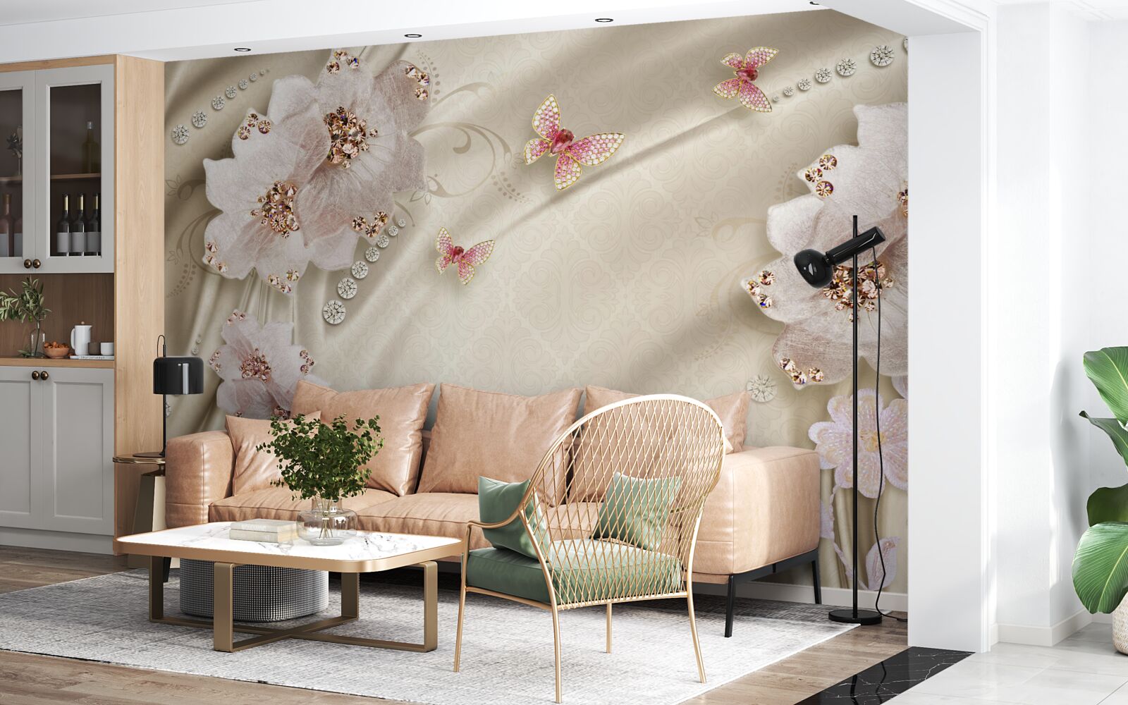 Fototapeta delikatnie zdobią jedwab motyle i śnieżnobiałe kwiaty