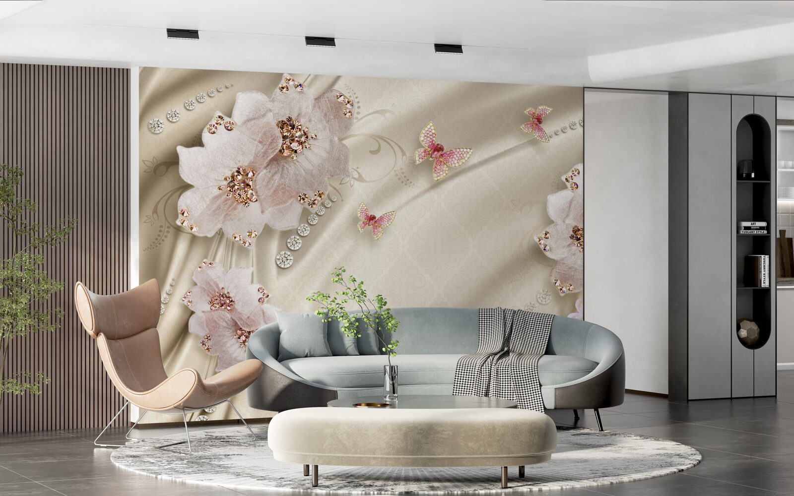 Fototapeta delikatnie zdobią jedwab motyle i śnieżnobiałe kwiaty