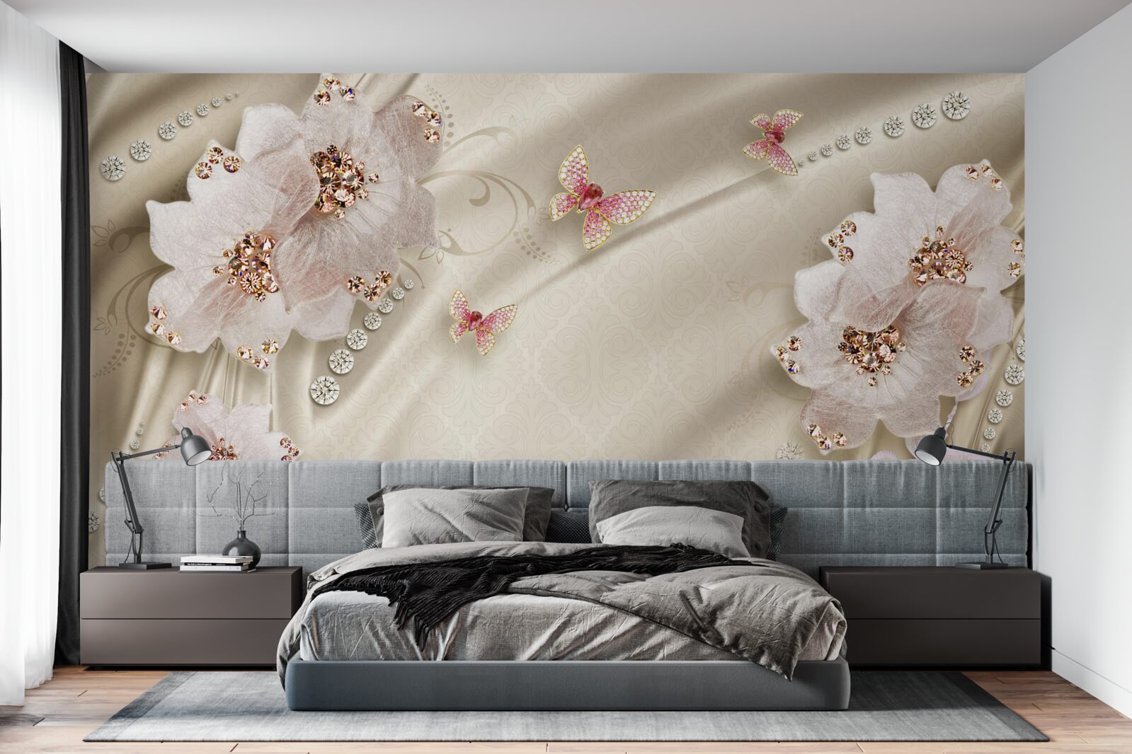 Fototapeta delikatnie zdobią jedwab motyle i śnieżnobiałe kwiaty