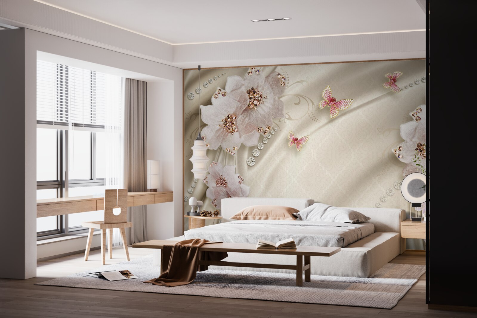 Fototapeta delikatnie zdobią jedwab motyle i śnieżnobiałe kwiaty