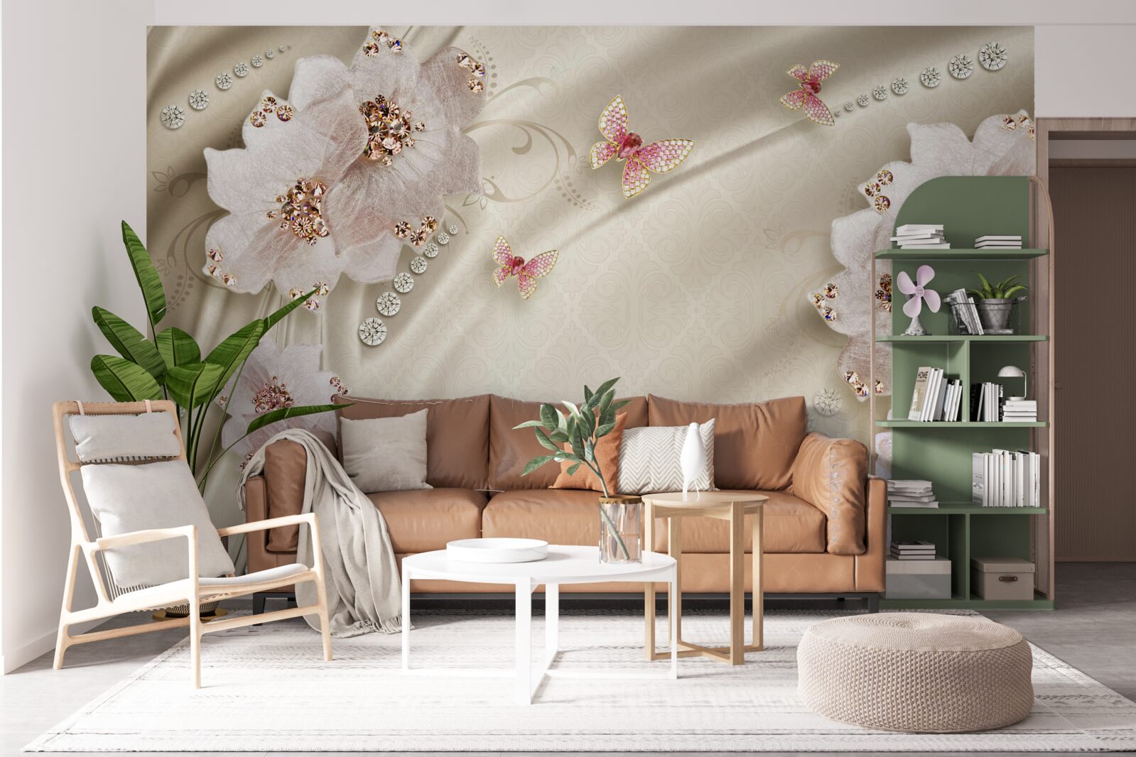 Fototapeta delikatnie zdobią jedwab motyle i śnieżnobiałe kwiaty