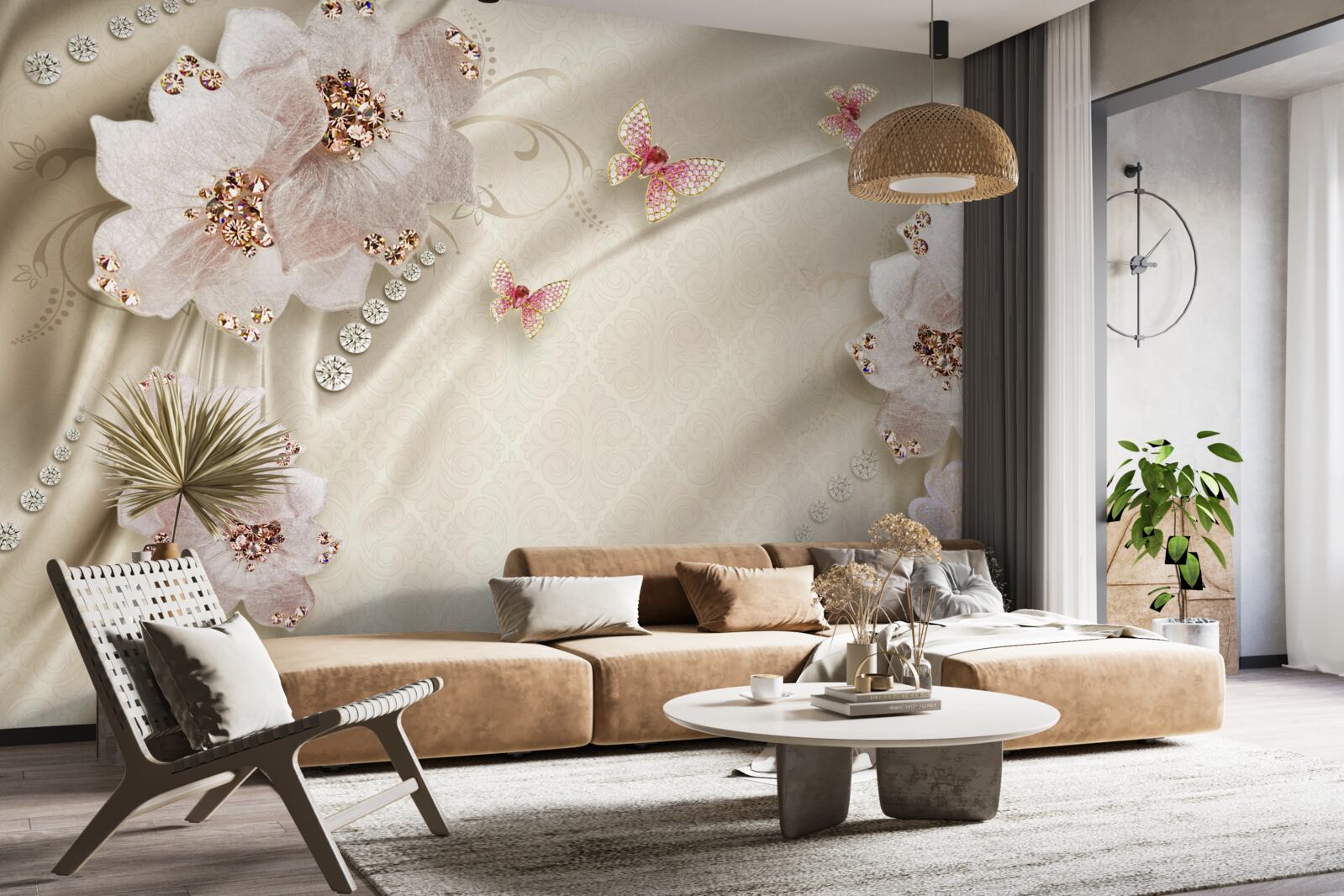 Fototapeta delikatnie zdobią jedwab motyle i śnieżnobiałe kwiaty