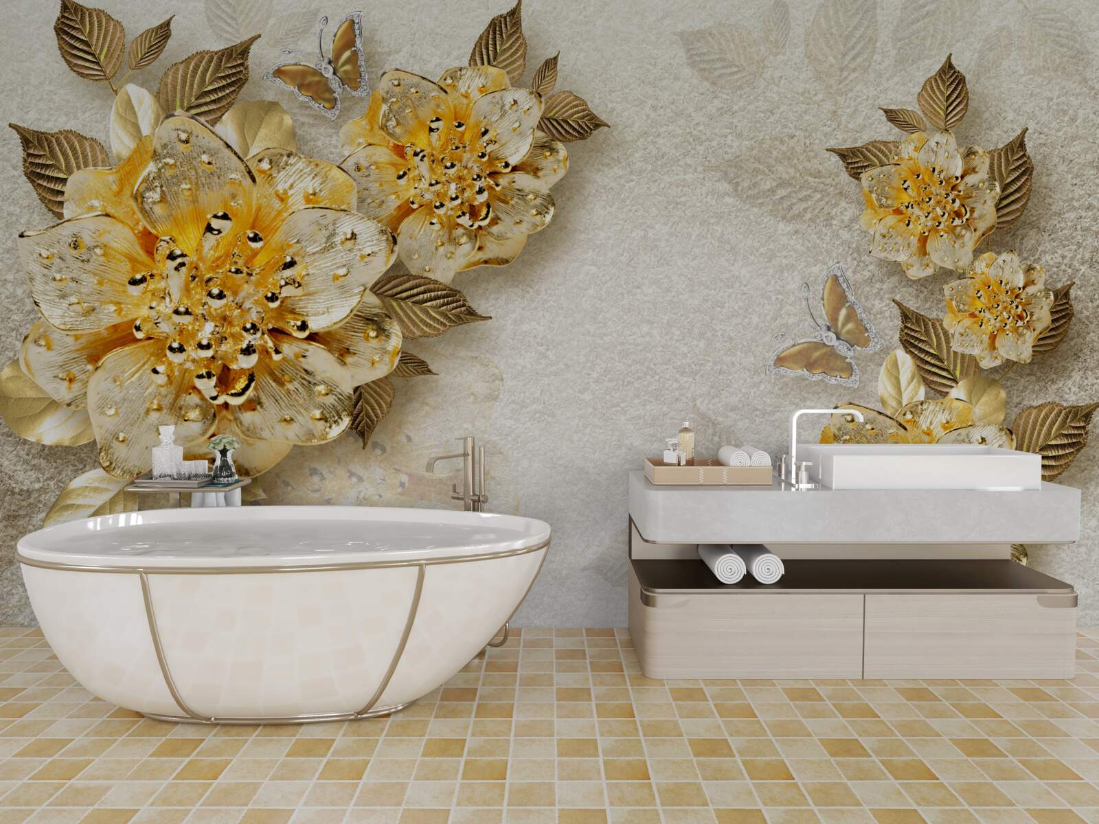 Fototapeta złote kwiaty w 3d