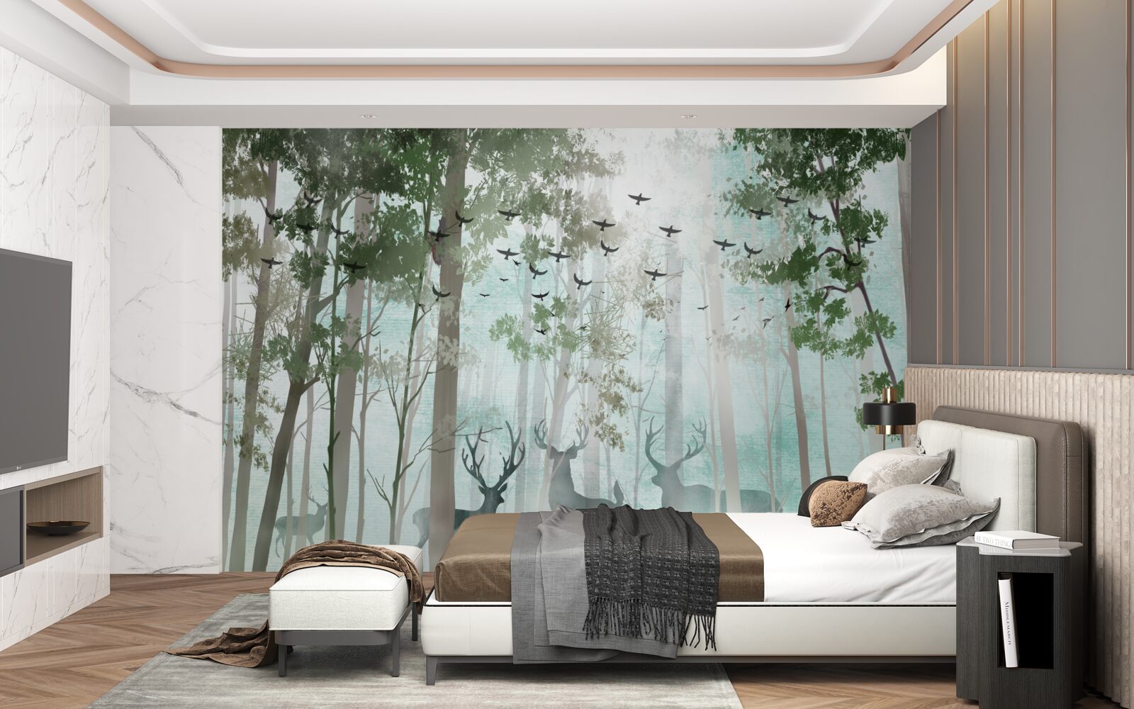 Fototapeta w lesie żyją ptaki i jelenie