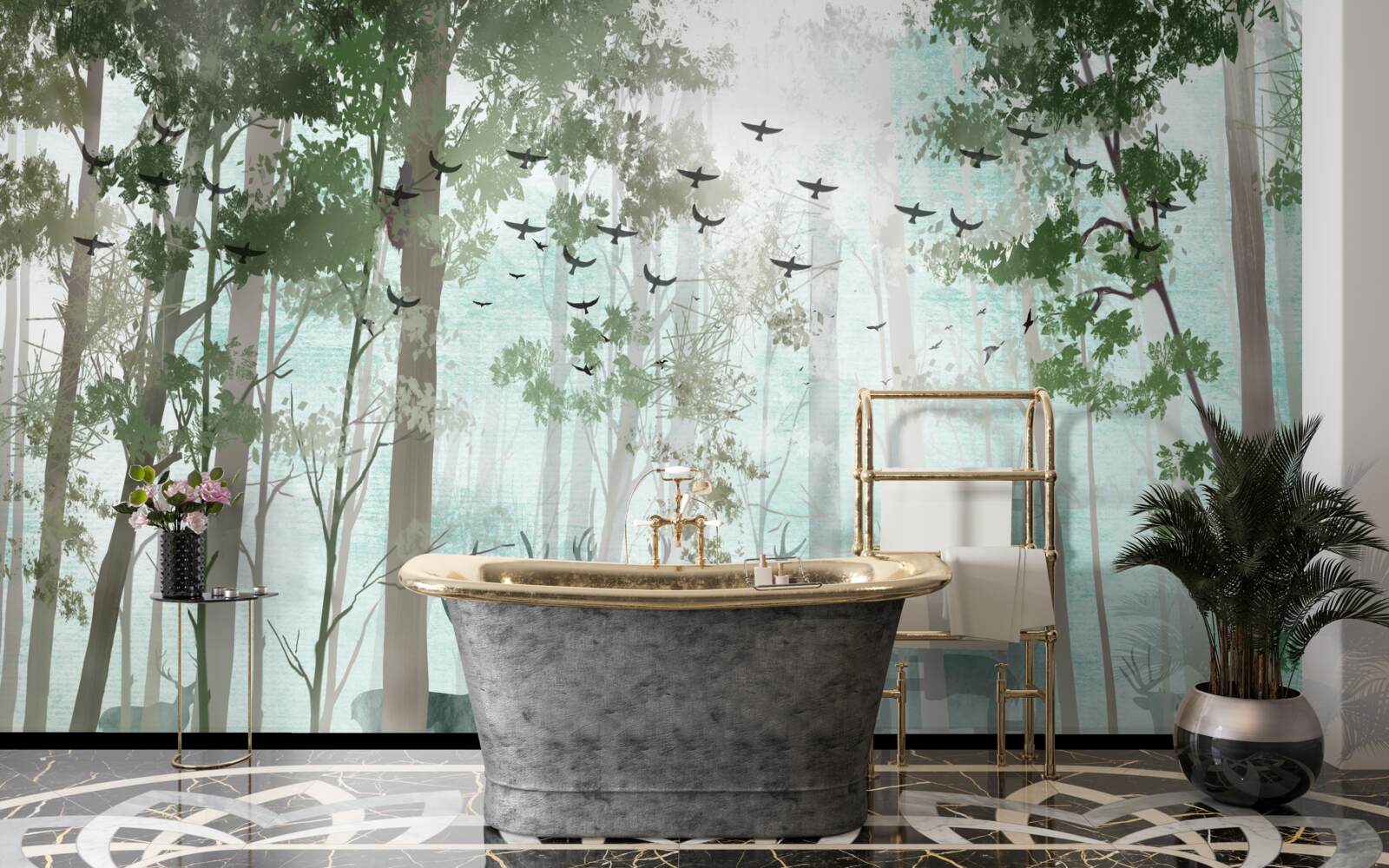 Fototapeta w lesie żyją ptaki i jelenie