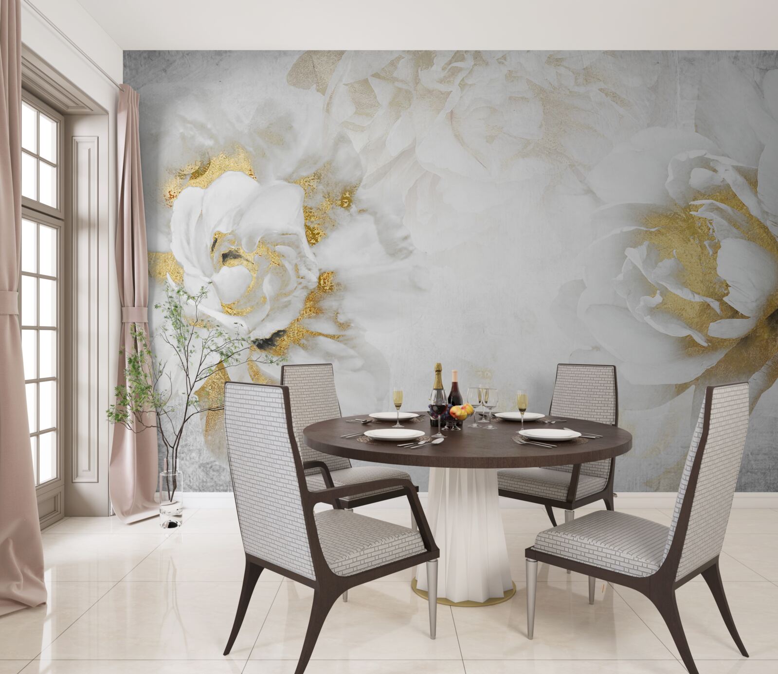 Fototapeta białe kwiaty ze złotymi akcentami