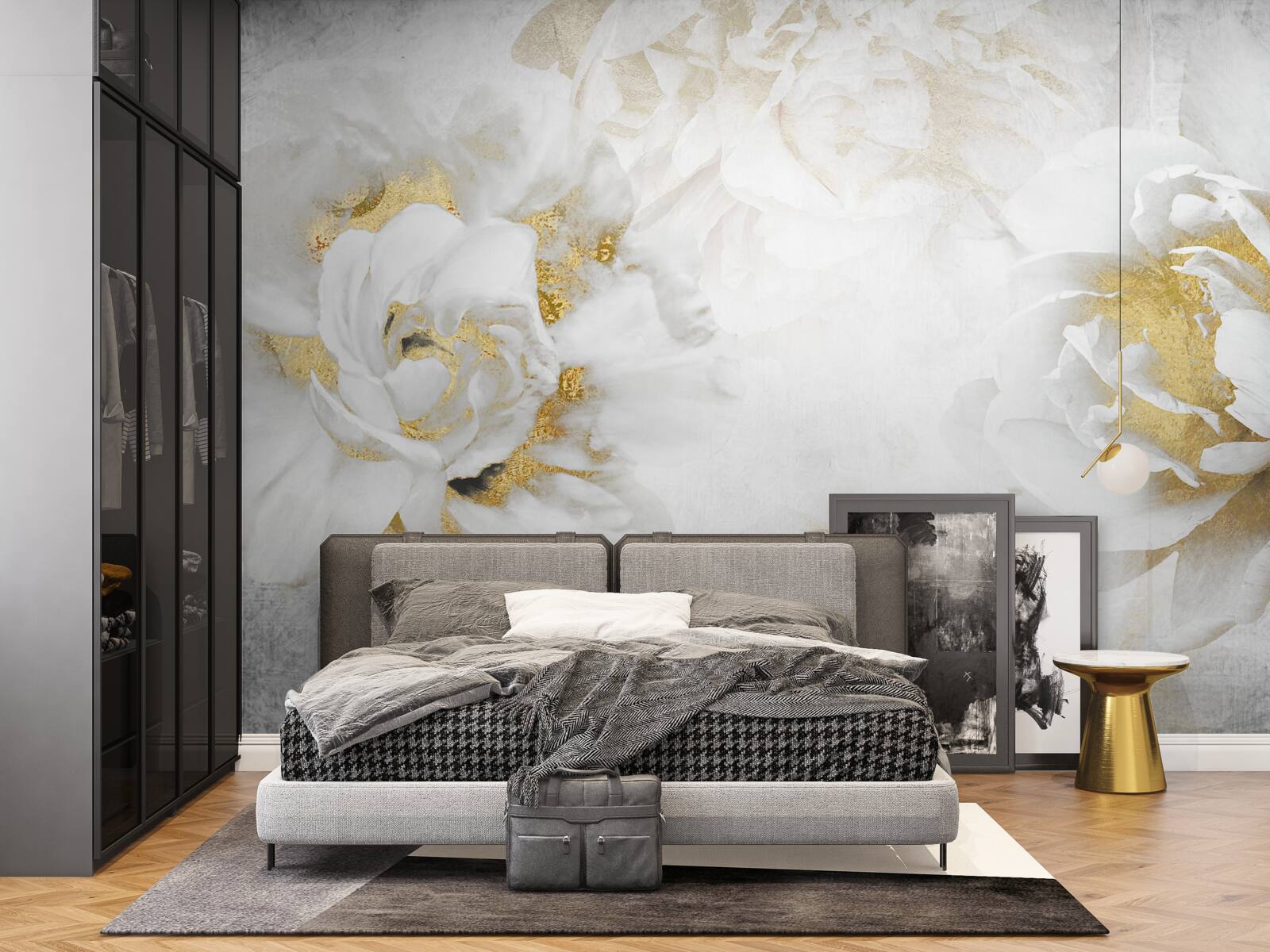 Fototapeta białe kwiaty ze złotymi akcentami