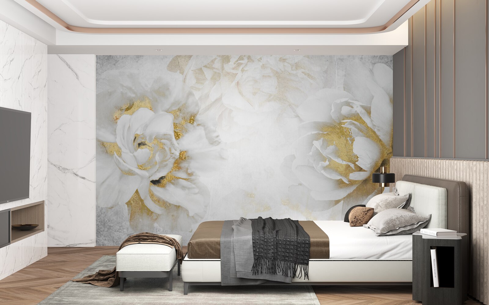 Fototapeta białe kwiaty ze złotymi akcentami