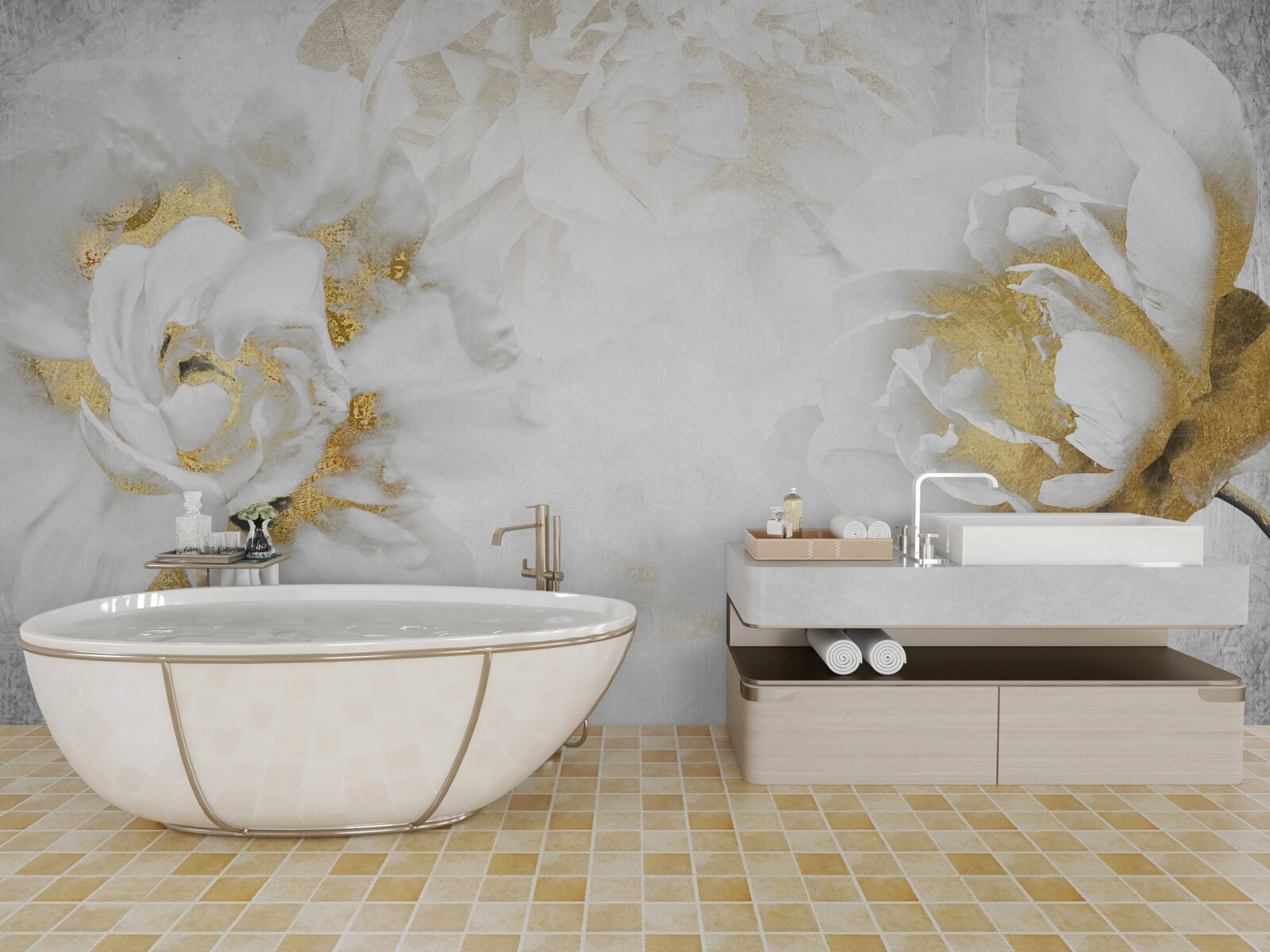 Fototapeta białe kwiaty ze złotymi akcentami