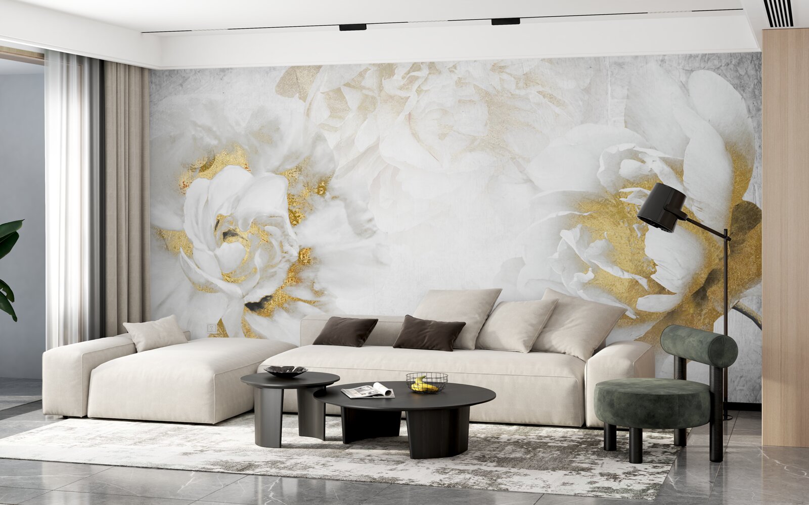 Fototapeta białe kwiaty ze złotymi akcentami