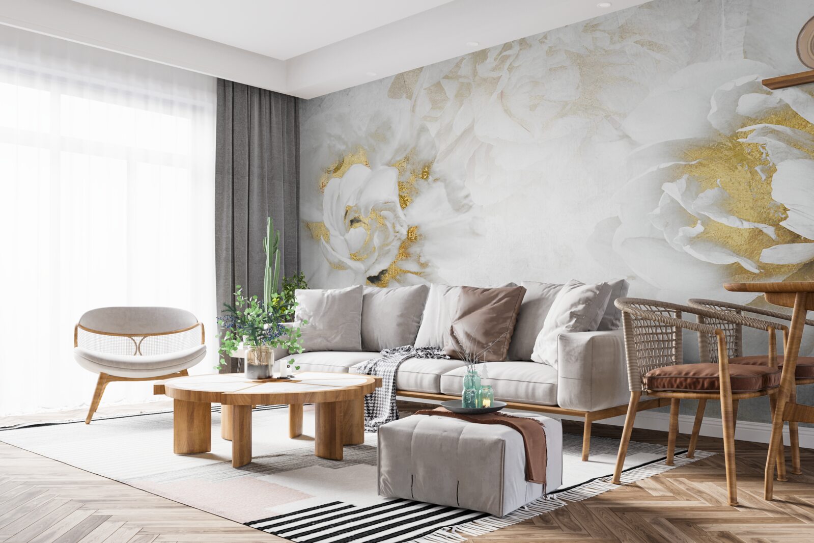 Fototapeta białe kwiaty ze złotymi akcentami