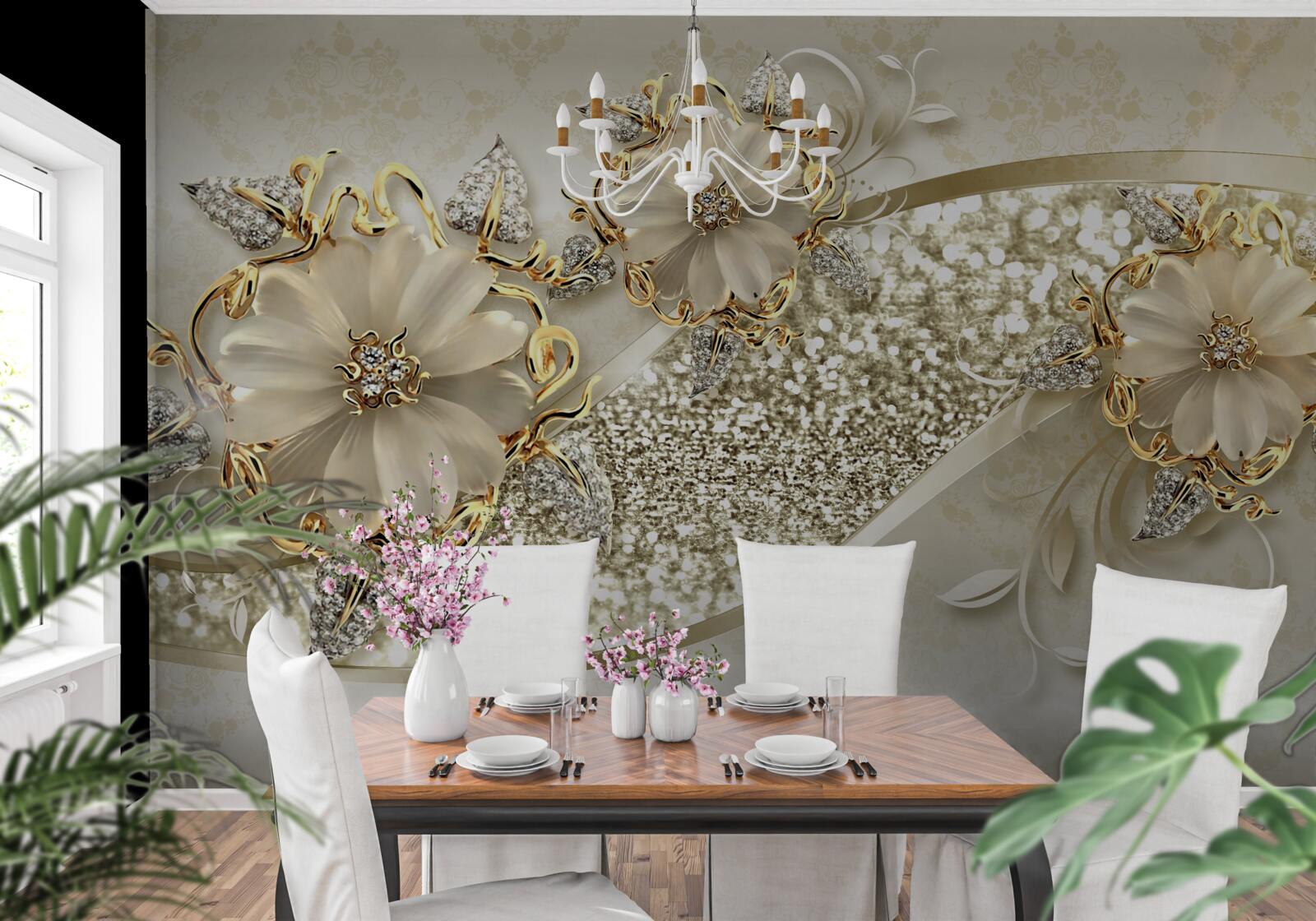 Fototapeta bukiety na złotej ścianie