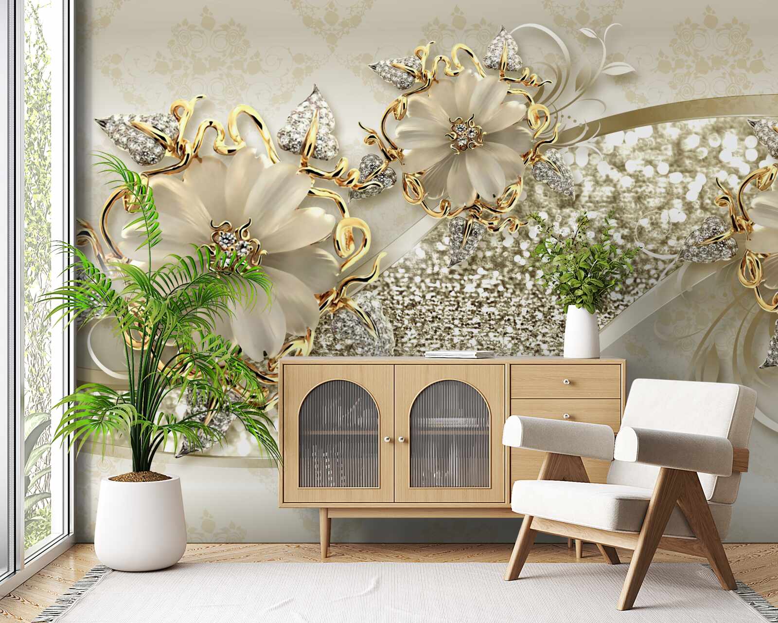 Fototapeta bukiety na złotej ścianie