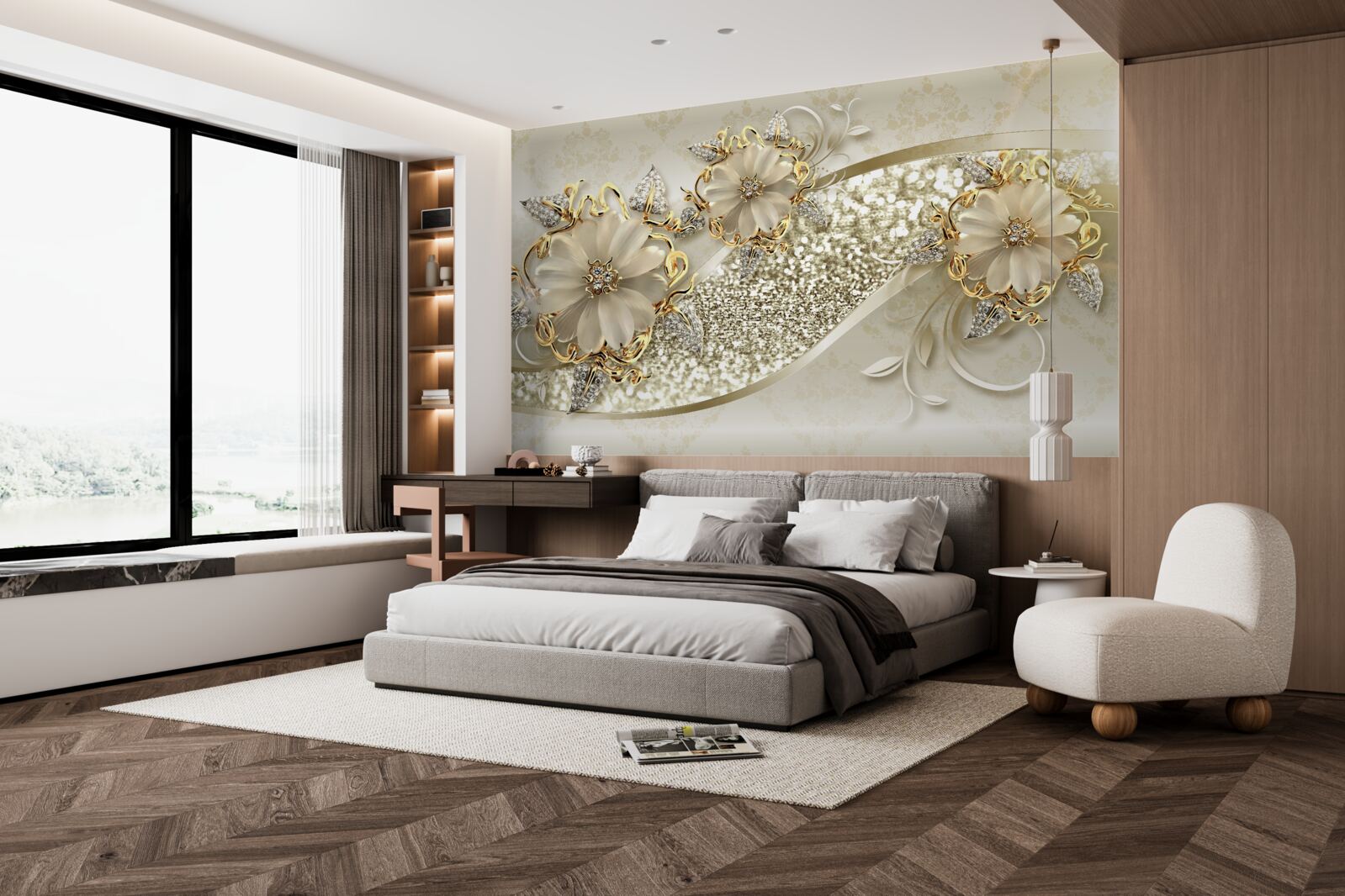 Fototapeta bukiety na złotej ścianie